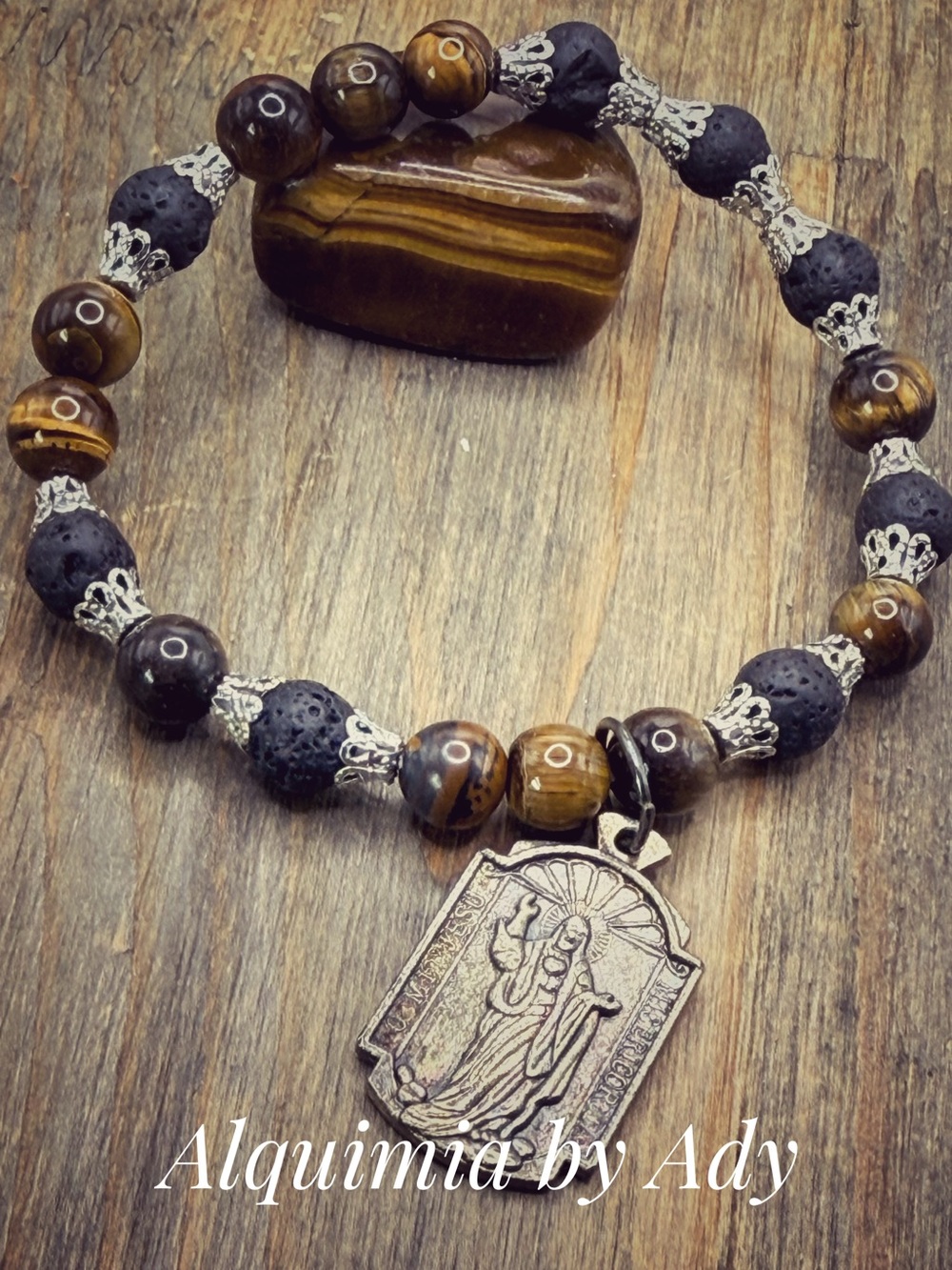 Tiger Eye and Black Lava Bead Bracelet with Antique Silver Pendant